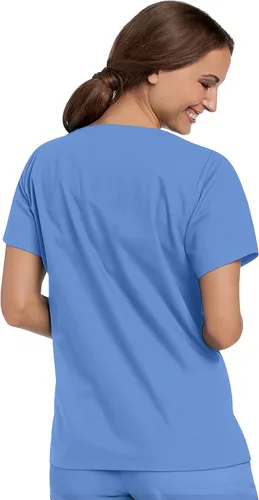 Vista 3 de Landau Essentials 8219 - Camiseta médica con cuello en V y 4 bolsillos para mujer Azul Ceil