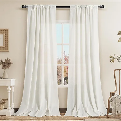 Vista 73 de Cortinas de lino verde aguamarina de 84 pulgadas de largo, juego de 2 paneles semitransparentes con bolsillo para barra para comedor, decoración