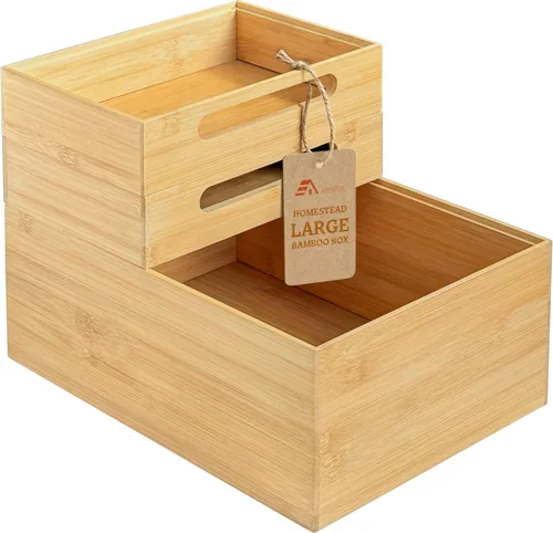 Vista 10 de HOMESTEAD - Caja de almacenamiento apilable de bambú de 3 piezas, contenedor de almacenamiento grande, cajas de madera para cajones de maquillaje