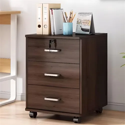 Vista 6 de Archivador de madera con cierre suave, cerradura de llave + ruedas enrollables con cerradura, escritorio de almacenamiento de documentos lateral