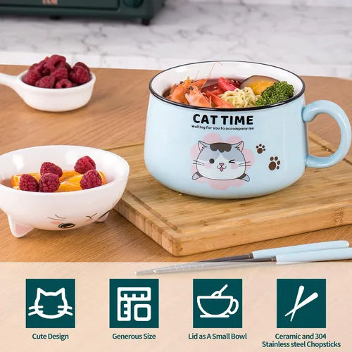 Vista 3 de Juego de cuencos para ramen con palillos, lindos cuencos de fideos instantáneos para ramen con diseño de gato lindo con tapa, cuencos de cerámica