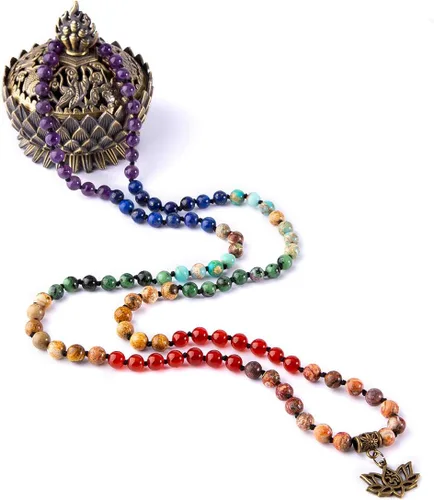 Vista 9 de Bivei 7 Chakra 108 Mala Beads Bracelet Real Gemstone Yoga Meditation Hand Knotted Mala Prayer Bead Necklace