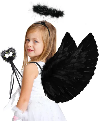 Vista 4 de Angel Wings and Halo Headband Set Black Feather Angel Wings Angel Halo Headband and Angel Wand for Kids Girls Halloween Party Costume