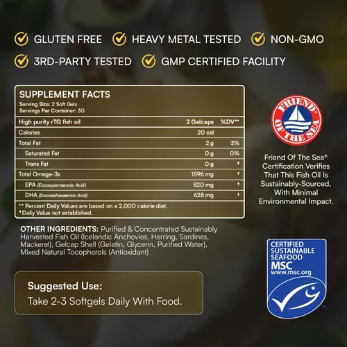 Vista 7 de Aceite de pescado omega-3 – 1800 mg de EPA y DHA por porción, 30 porciones – Apoya la función cerebral, la salud del corazón y el estado de flujo