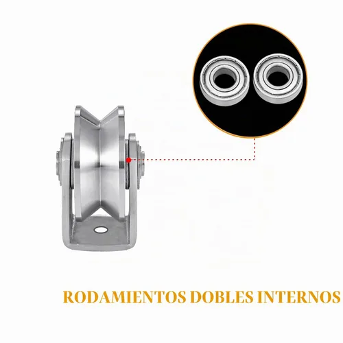 Vista 3 de 2 piezas de rueda de ranura en V de acero inoxidable resistente con polea de cable, bloque de polea para puerta corredera, rodillos con doble