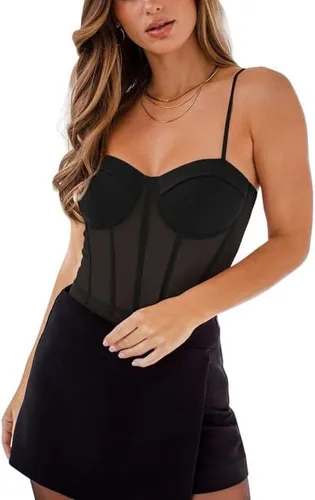 Vista 5 de REORIA Body sexy de malla transparente para mujer, con tirantes delgados, para salir, adelgazante, corsé con brasier integrado