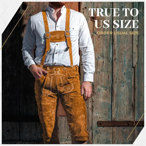 Vista 6 de BAVARIA TRACHTEN Lederhosen - Traje de Oktoberfest de cuero genuino para hombre, marrón claro y oscuro, amarillo oliva antiguo, verde óxido Marrón