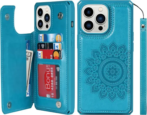 Vista 17 de iCoverCase Funda de billetera compatible con iPhone 13 Pro Max con tarjetero para mujer, cuero PU en relieve con bloqueo RFID y correa de muñeca