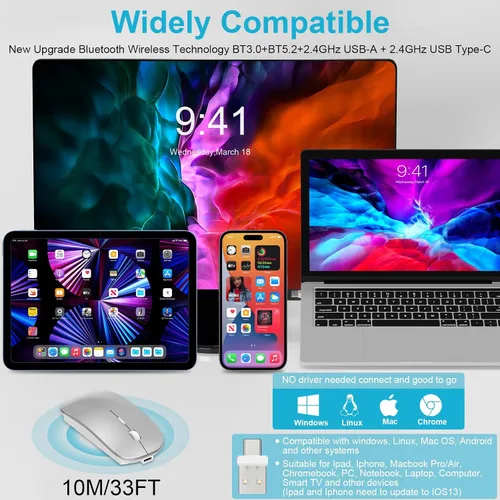 Vista 2 de Mouse para MacBook Mouse inalámbrico Bluetooth portátil MacBook Air Mac Pro recargable silencioso PC iPad ratón óptico con interruptor de modo dual