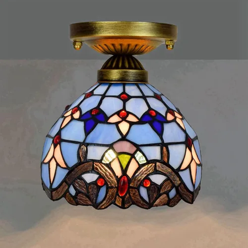 Vista 4 de Tiffany - Lámpara de techo estilo vitral, mini lámpara de techo, 1 luz, montaje empotrado de 8 pulgadas para hotel, pasillo, balcón, cocina Azul