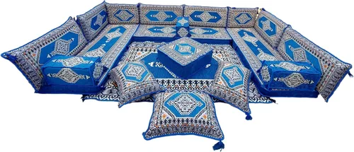 Vista 6 de arabicsofa Juego de sofá árabe en forma de U - Asiento modular azul real para habitación de invitados