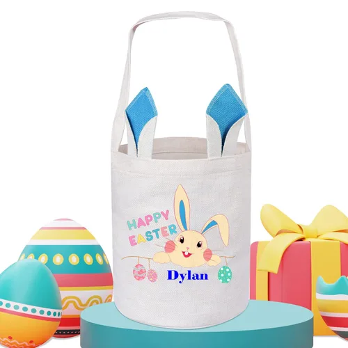 Vista 5 de Touber Cesta de Pascua, canastas de Pascua de algodón personalizadas para niñas y niños, rectangular, cestas de caza de huevos de Pascua con orejas