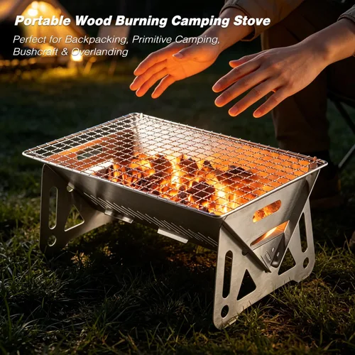 Vista 9 de Estufa de camping portátil 2 en 1 y parrilla de carbón para mochileros