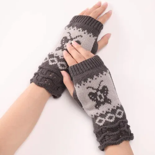 Vista 5 de Guantes elásticos de punto con diseño de mariposa para otoño e invierno para el pulgar hasta la muñeca gris oscuro