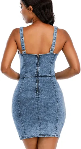 Vista 3 de Vestido de mezclilla para mujer, sexy, cuello en V, ajustado, sin mangas, pantalones cortos