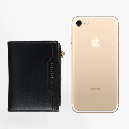 Vista 4 de Billeteras delgadas y pequeñas de cuero con bolsillo, tarjetero, plegable, triple, monedero para mujer con cremallera (negro)
