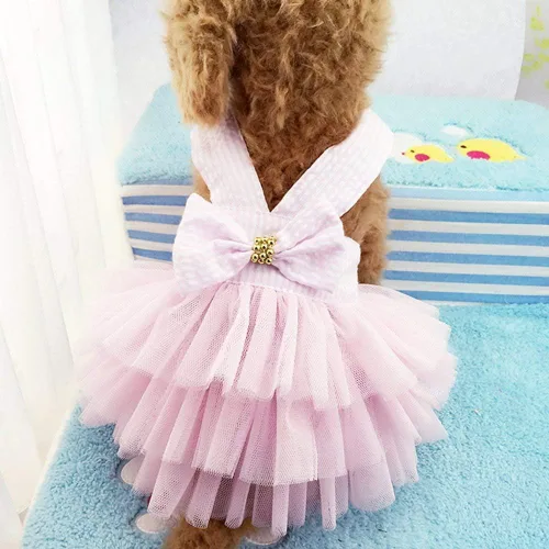 Vista 16 de Vestidos para Perros, Ropa de Mascota a la Moda, Vestidos de Princesa para Cachorros con Rayas y Malla (Azul, XS)