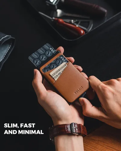 Vista 2 de VULKIT Cartera desplegable para tarjetas de crédito con ranuras de cuero adicionales con bloqueo RFID, funda delgada para tarjetas de metal, Marrón
