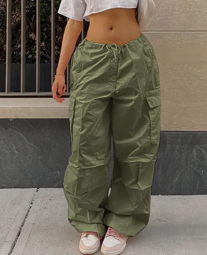Vista 2 de Neyaolk Pantalones de paracaídas para mujer, pantalones cargo holgados para mujer, pantalones deportivos holgados Y2K de cintura baja y pierna ancha
