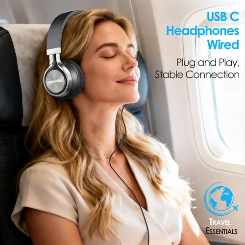 Vista 6 de INFURTURE - Auriculares USB C con micrófono, control de volumen, cable sin enredos, auriculares tipo C con cable, plegables y ligeros para iPhone