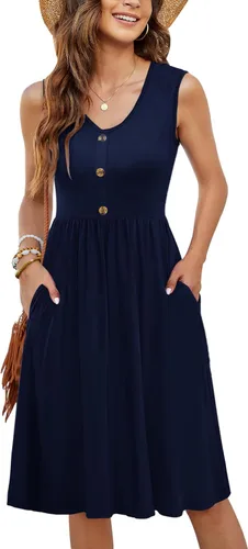 Vista 17 de MOLERANI - Vestidos de verano para mujer, sin mangas, casual, sueltos, acampanados, midi, con botones, con bolsillos Estampado Azul Marino Blanco