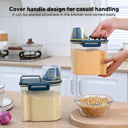 Vista 7 de Recipiente de almacenamiento de arroz, dispensador de arroz de plástico con taza medidora, dispensador hermético de granos con escala Claer, 3.3 lbs