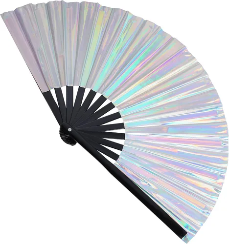 Vista 4 de SUMERSHA 1 ventilador holográfico grande para rave, ventilador de mano plegable, gran ventilador iridiscente de mano para club nocturno, festival
