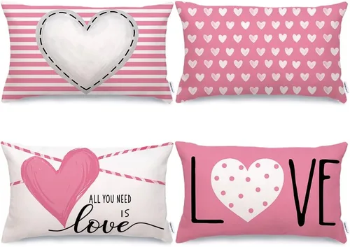 Vista 8 de GEEORY Juego de 4 fundas de almohada para el día de San Valentín de 18 x 18 pulgadas para decoración de San Valentín, diseño de rayas rosas
