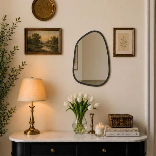 Vista 8 de PERFNIQUE Espejo de pared irregular asimétrico, pequeño espejo negro de 16 x 12 pulgadas para baño, dormitorio, sala de estar, entrada, decoración