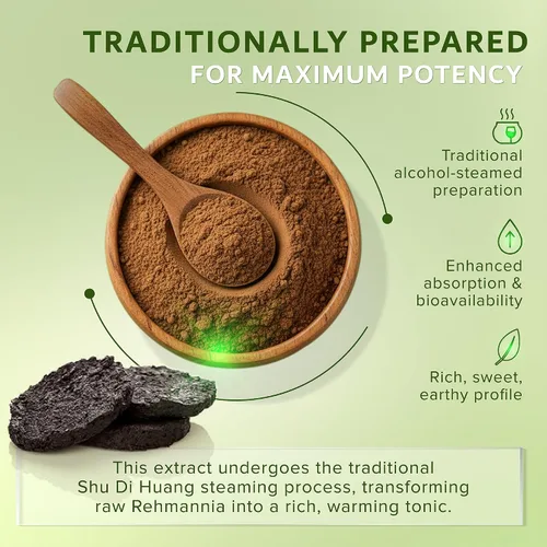 Vista 3 de Dimmak Herbs Extracto orgánico de raíz de rehmannia preparado 5:1 (Shu Di Huang) - El tónico definitivo de sangre y Jing para apoyo suprarrenal
