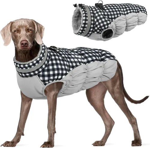 Vista 46 de Abrigo para perro, chaqueta cálida de invierno, acolchada, de vellón, chaleco reflectante con arnés, chaqueta de nieve impermeable con cremallera, a