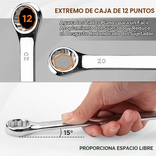 Vista 4 de HORUSDY Juego de llaves métricas de 15 piezas, juego de llaves combinadas de alta calidad métricas 0.315-0.866 in, par máximo, 12 puntos, acero al