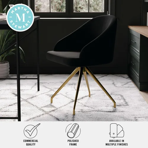 Vista 5 de Martha Stewart Sora Silla de Trabajo Giratoria Fija con Brazos Inclinados para Oficina en Casa en Terciopelo Negro con Marco de Latón Pulido