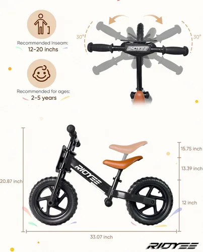 Vista 6 de RIDYEE Bicicleta de equilibrio para niños de 2 a 5 años con ajuste sin herramientas, dirección limitada, reposapiés, placa de nombre personalizada