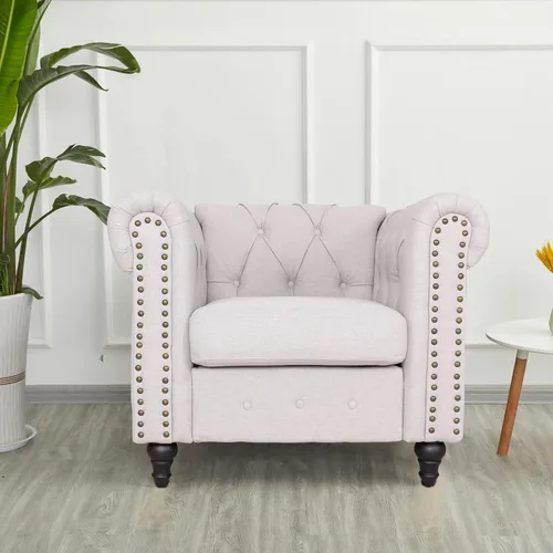 Vista 2 de Hybition Silla de lino tradicional Chesterfield Sofá individual con decoración de remaches y patas de madera para sala de estar, color gris claro
