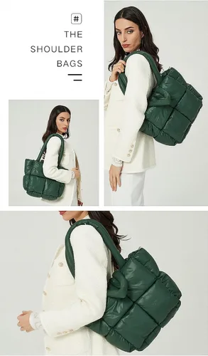 Vista 8 de Bolsa grande acolchada, de algodón, acolchada de moda, para mujer, bolsa de hombro suave, bolsa de nailon con almohada de plumón