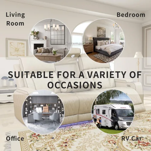 Vista 93 de Juego de sofá reclinable eléctrico, seccional de cuero transpirable beige, juego de muebles de sala de estar, 2 piezas, sofá reclinable eléctrico