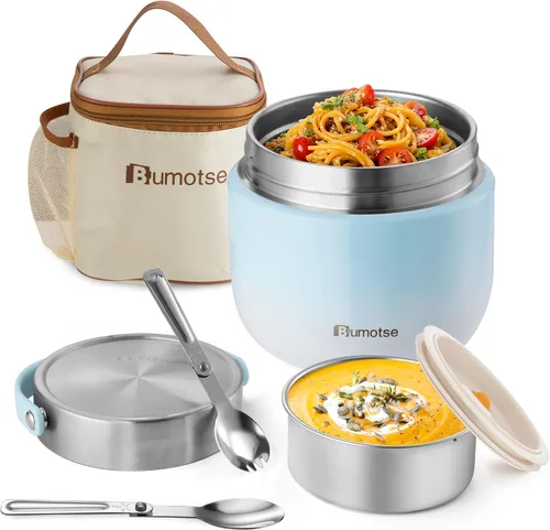 Vista 12 de Tarro de comida aislado de 40 onzas con 2 compartimentos, termo a prueba de fugas para comida caliente, boca ancha, acero inoxidable, incluye Negro