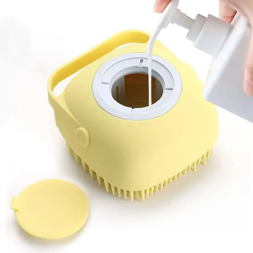 Vista 7 de Cepillo de masaje de baño para aseo de mascotas con dispensador de jabón y champú, cerdas de silicona suave para perros de pelo corto y largo y Azul