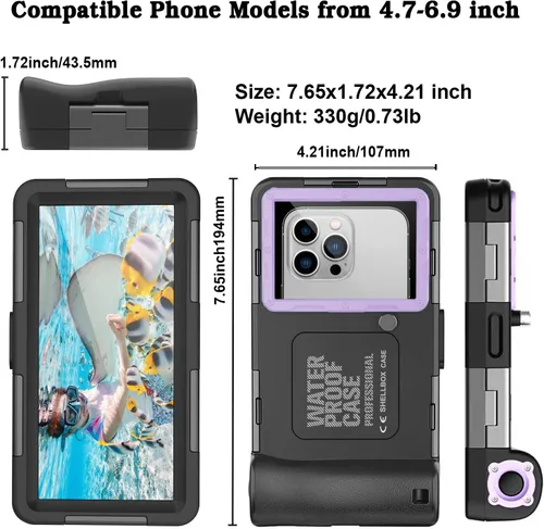 Vista 9 de Funda de teléfono de buceo subacuático para esnórquel, profesional de 50 pies/49.2 ft, impermeable, para iPhone 17/16/15/14/13/Pro Max, Samsung