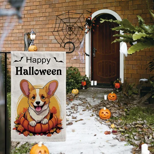 Vista 3 de Bandera de jardín de bulldog de Halloween de 12.5 x 18 pulgadas, vertical, doble cara, calabaza de Feliz Halloween, linda cachorro, decoración