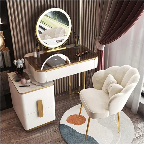 Vista 14 de Tocador de maquillaje, mesa de cristal, tocador, moderno, simple, avanzado, de madera, para dormitorio, almacenamiento, tocador, espejo inteligente
