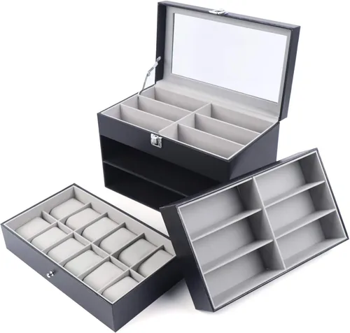 Vista 5 de Sunglass - Caja organizadora de relojes, de piel sintética negra, caja de 12 relojes y 12 piezas de almacenamiento para lentes, caja de joyería