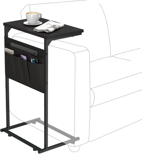 Vista 8 de Mesa auxiliar en forma de C, mesa auxiliar pequeña con bolsa de almacenamiento para sofá, mesa de sofá con marco de metal para sala de estar