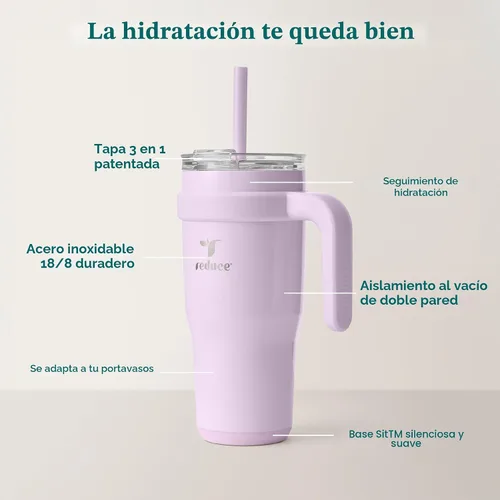 Vista 4 de REDUCE Vaso de acero inoxidable de 24 onzas con asa - Taza de viaje con aislamiento al vacío de doble pared, tapa a prueba de sudor y popote Brote