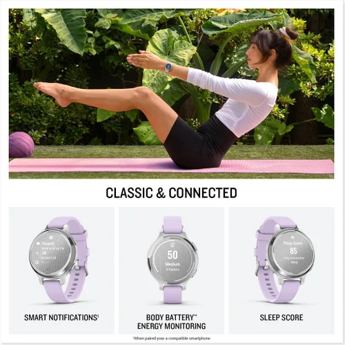 Vista 4 de Garmin Lily 2 - Reloj inteligente pequeño y elegante de hasta 5 días de duración de la batería, pantalla oculta, lente con patrón lila metálico