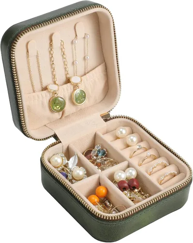 Vista 2 de Ringsun Joyero de cuero genuino pequeño joyero de viaje para mujer, organizador de viaje portátil para anillos, aretes, collar, pulsera