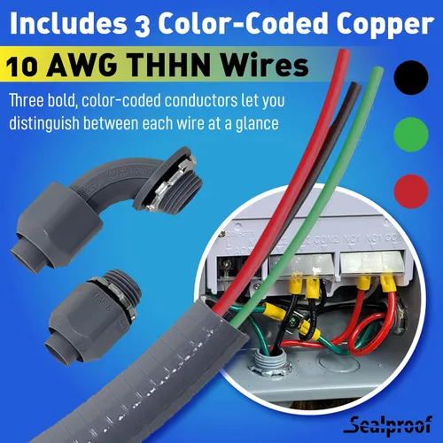 Vista 4 de Sealproof Conjunto de Látigo de Alimentación, Conducto Eléctrico Flexible Hermético a Líquidos No Metálico de 1/2 Pulgada x 6 Pies y Cable
