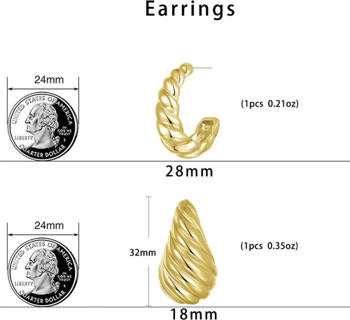 Vista 4 de 2 Pairs Earrings Set for Women, Lightweight Hollow Gold Hoops. Silver Hoop Earrings, 14k Gold Teardrop Hoop Earrings, Rhinestone Waterdrop Earrings