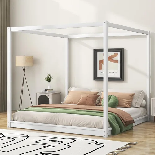 Vista 4 de Harper & Bright Designs Cama King con dosel de madera con 4 paneles de póster, marco de cama King con soporte de listones de madera maciza, cama